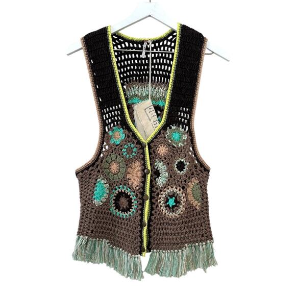 Free People Desert Rose Crochet Fringe Vest Multicolor Boho Festival Medium - Picture 1 of 9